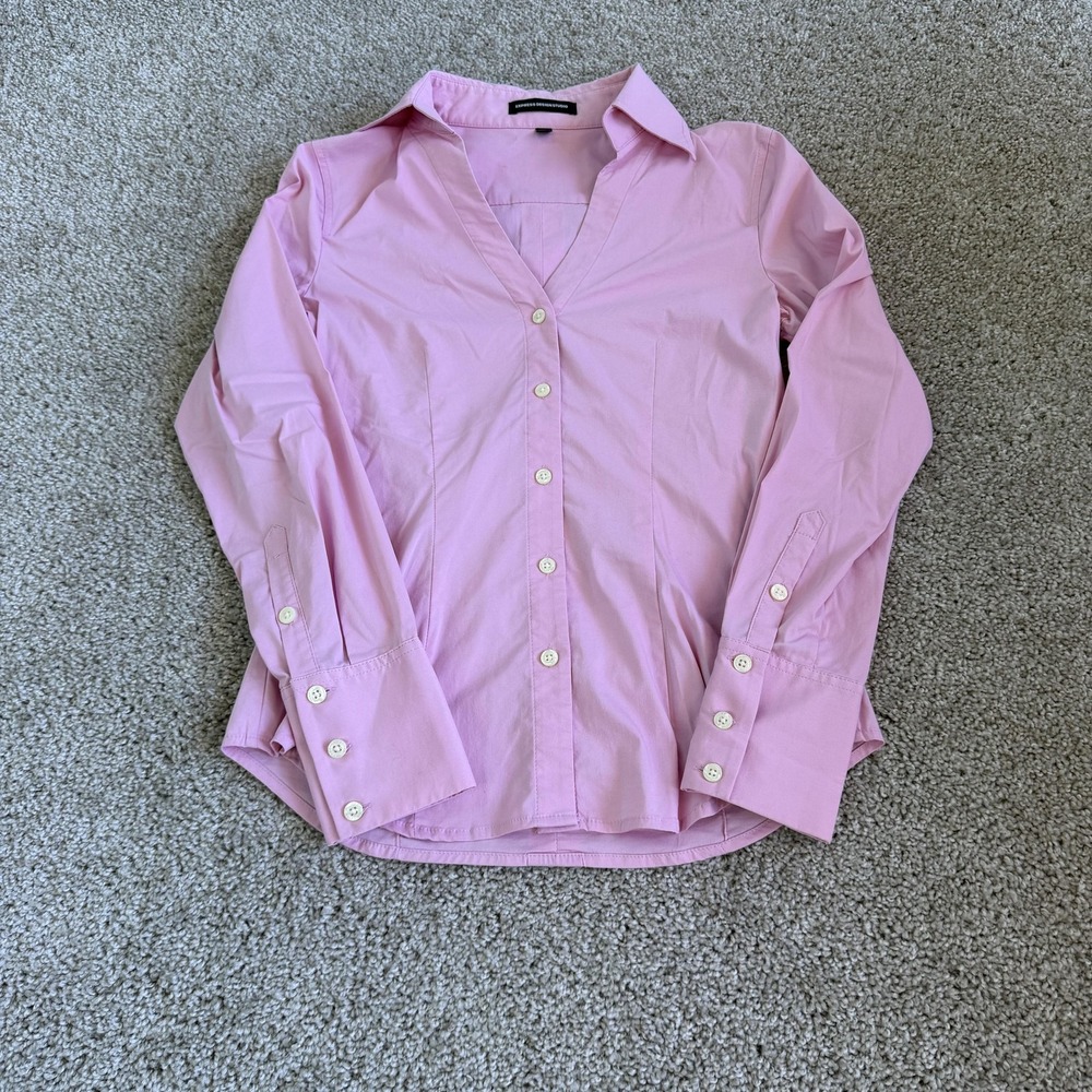 Express Design Studio Shirt Womens XS Pink Collared Button Up Stretch Office Top